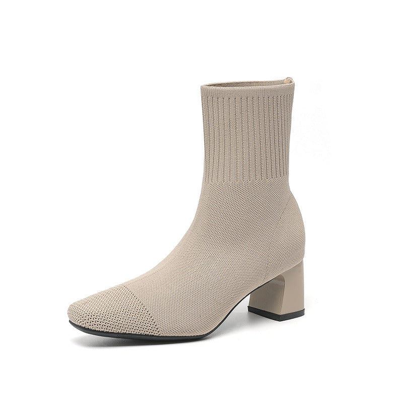 Knit Socks Thick Heel Boots