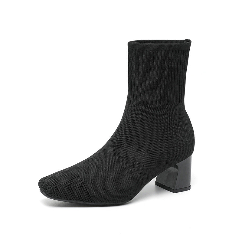 Knit Socks Thick Heel Boots
