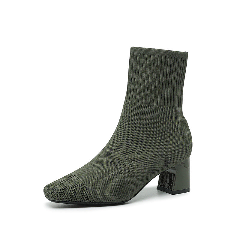 Knit Socks Thick Heel Boots