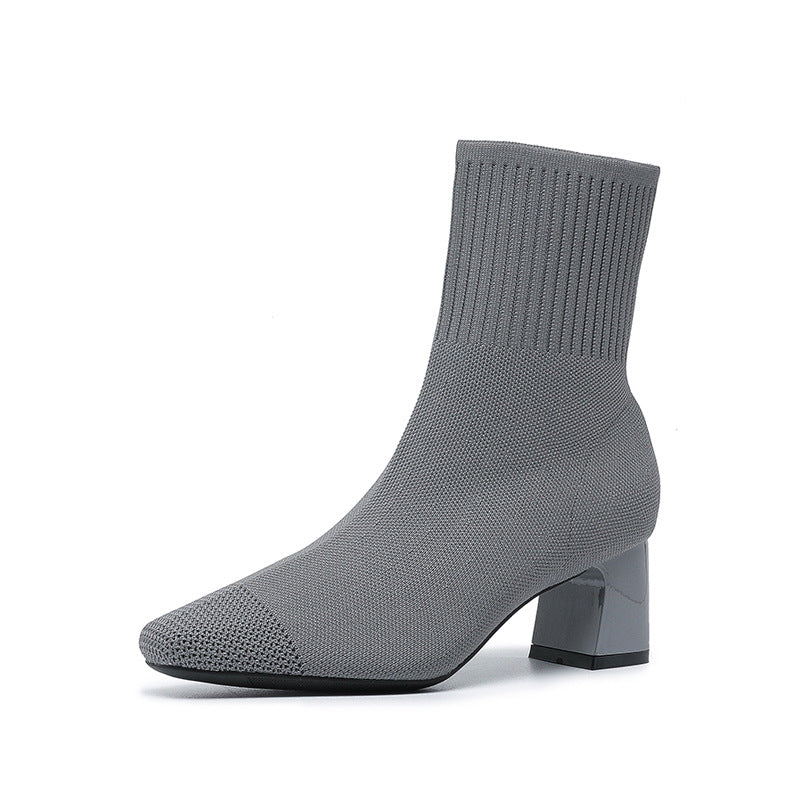 Knit Socks Thick Heel Boots
