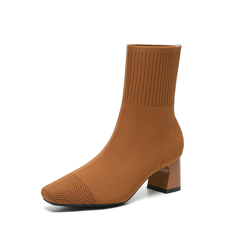 Knit Socks Thick Heel Boots